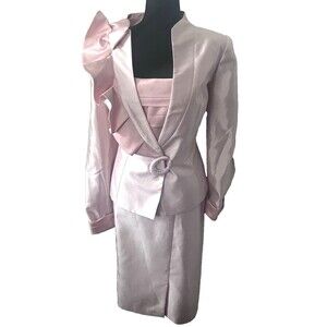 Elite Champagne 3-Pc Skirt Suit‎ Shoulder Ruffle Rhinestone C-Button Closure